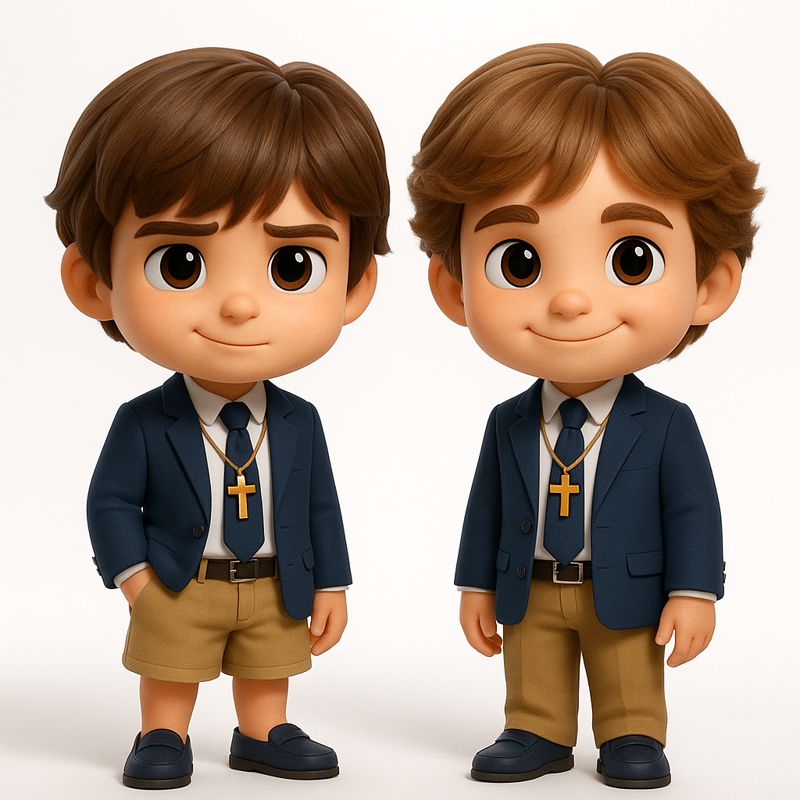 Figuras de comunión de dos hermanos con chaqueta azul marino, pantalón beige y cruz al cuello