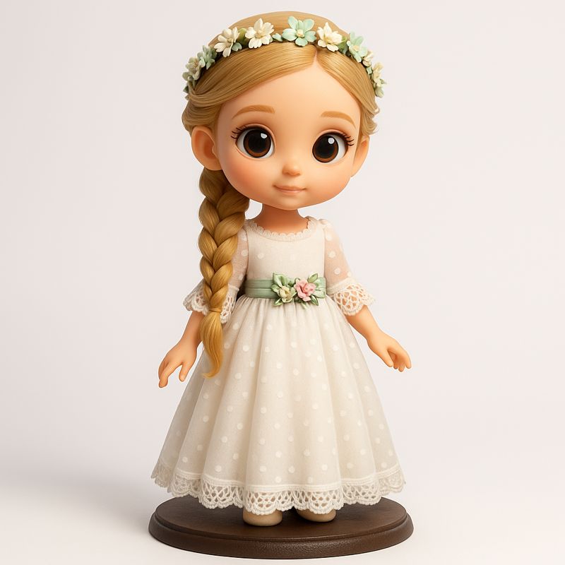 Figura de comunión de niña con vestido blanco de encaje, corona de flores y trenza, sobre peana