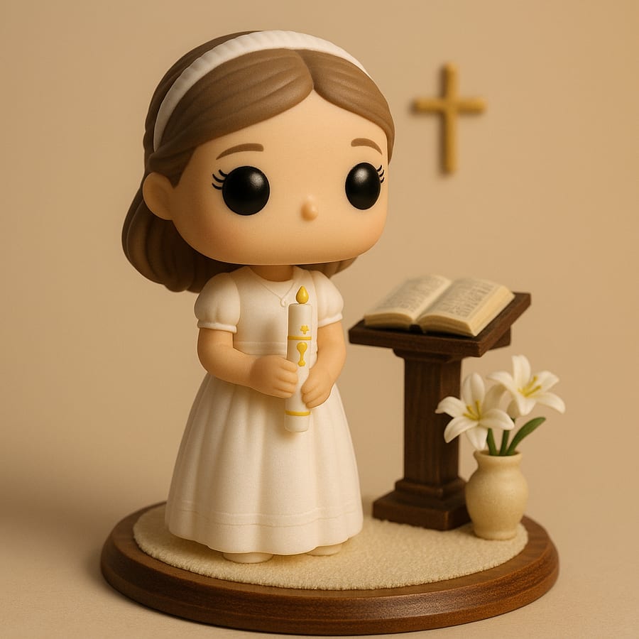 Figura de comunión de una niña con su cirio junto a un atril con la Biblia y lirios
