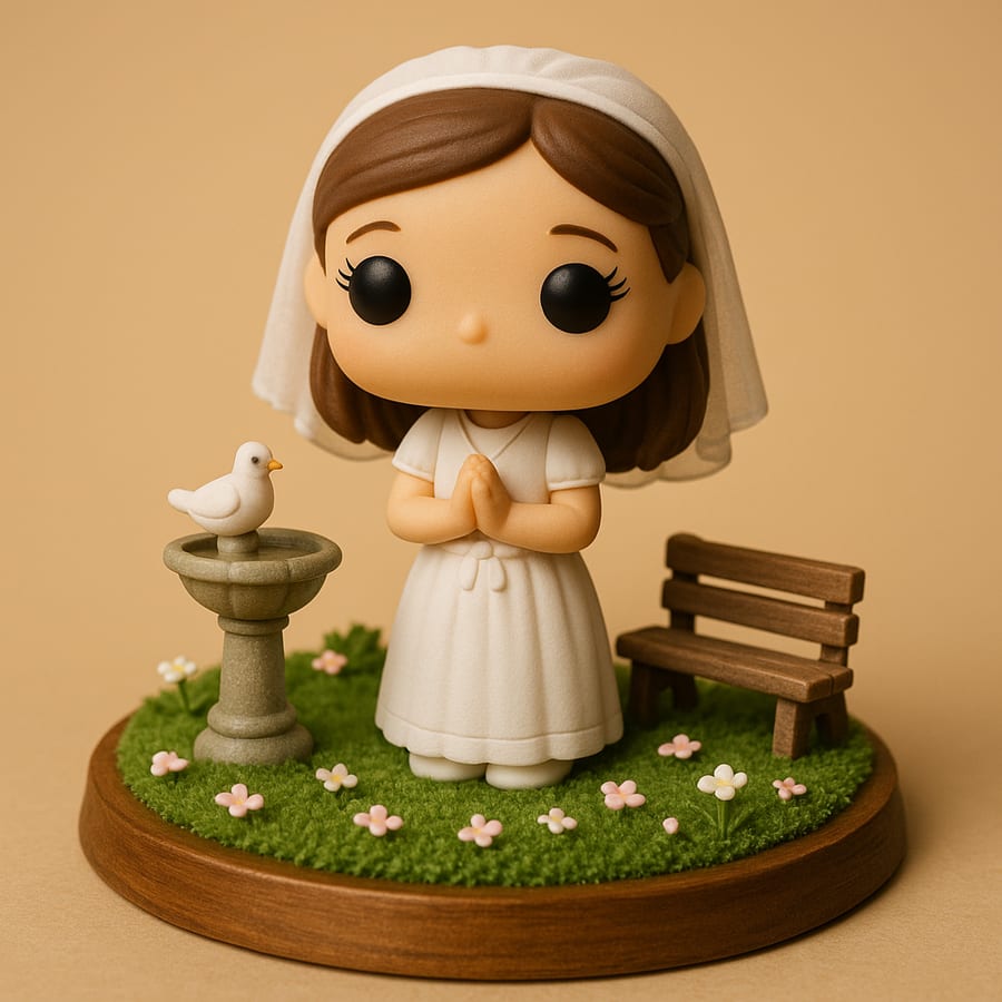 Figura de comunión de una niña en un jardín en miniatura con fuente y paloma