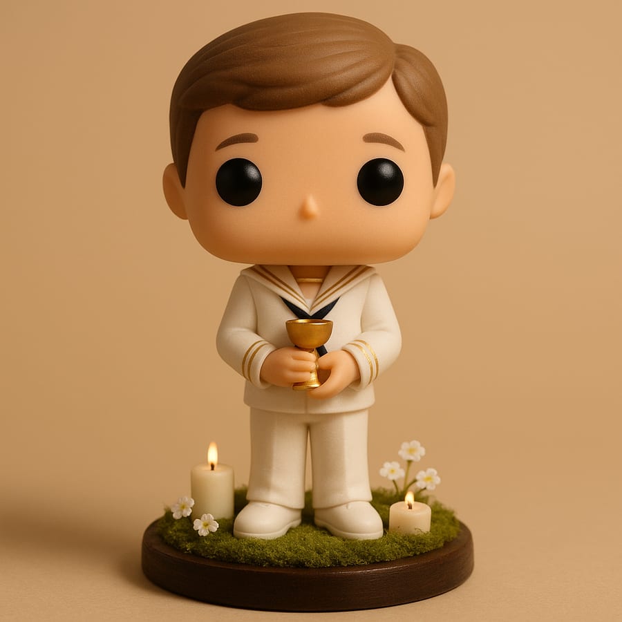 Escenario Esencial: base redonda de madera con musgo, velas y florecillas bajo una figura de comunión