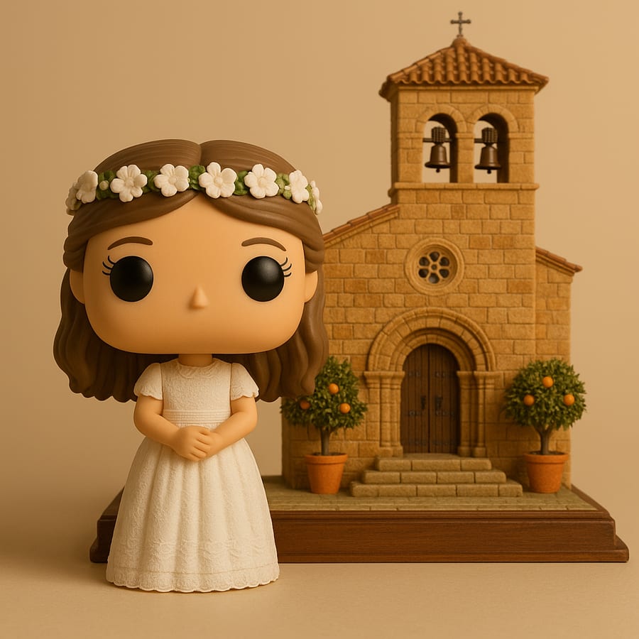 Figura de comunión de una niña delante de una réplica en miniatura de una iglesia de pueblo con campanario y naranjos
