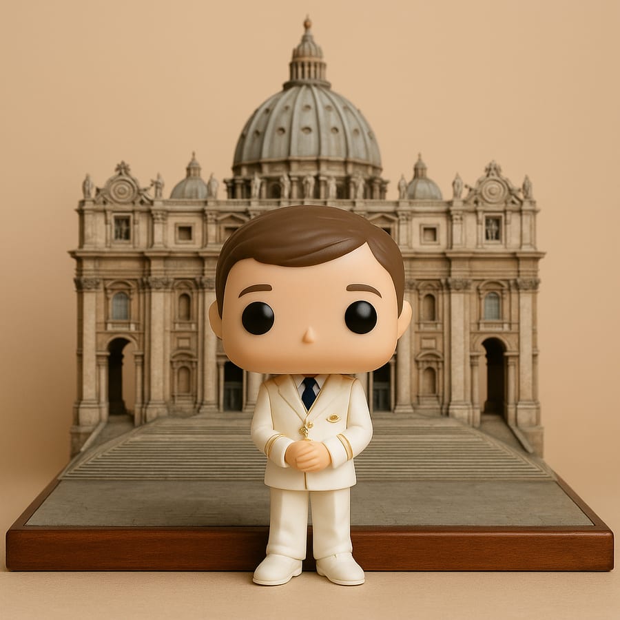 Figura de comunión de un niño delante de una réplica en miniatura de la fachada de la basílica de San Pedro