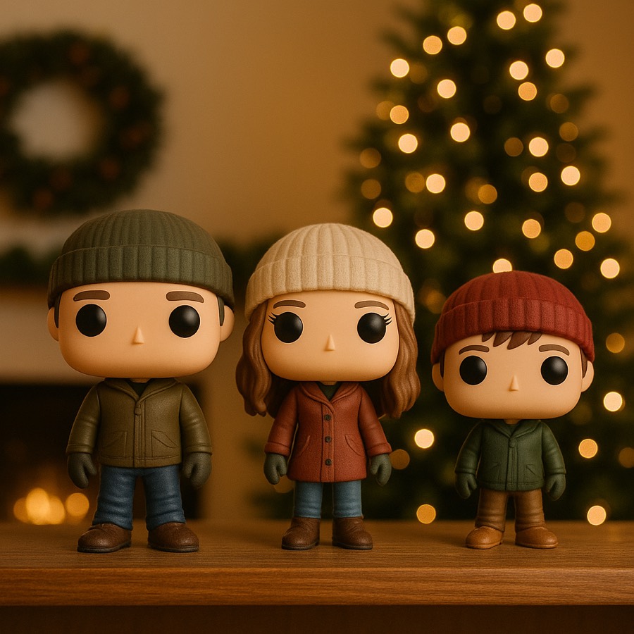 Tres figuras personalizadas de una familia junto al árbol