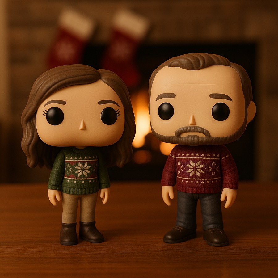 Dos figuras personalizadas de una pareja con jerséis de invierno junto a la chimenea