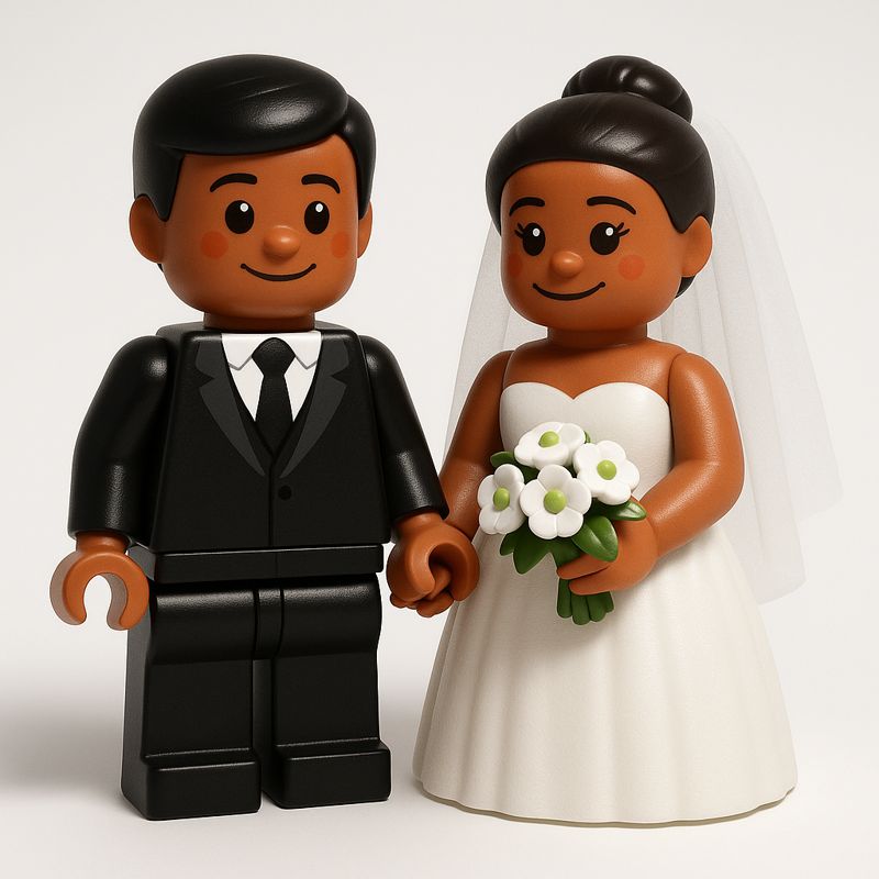 Wedding couple in building-block style with veil and bouquet