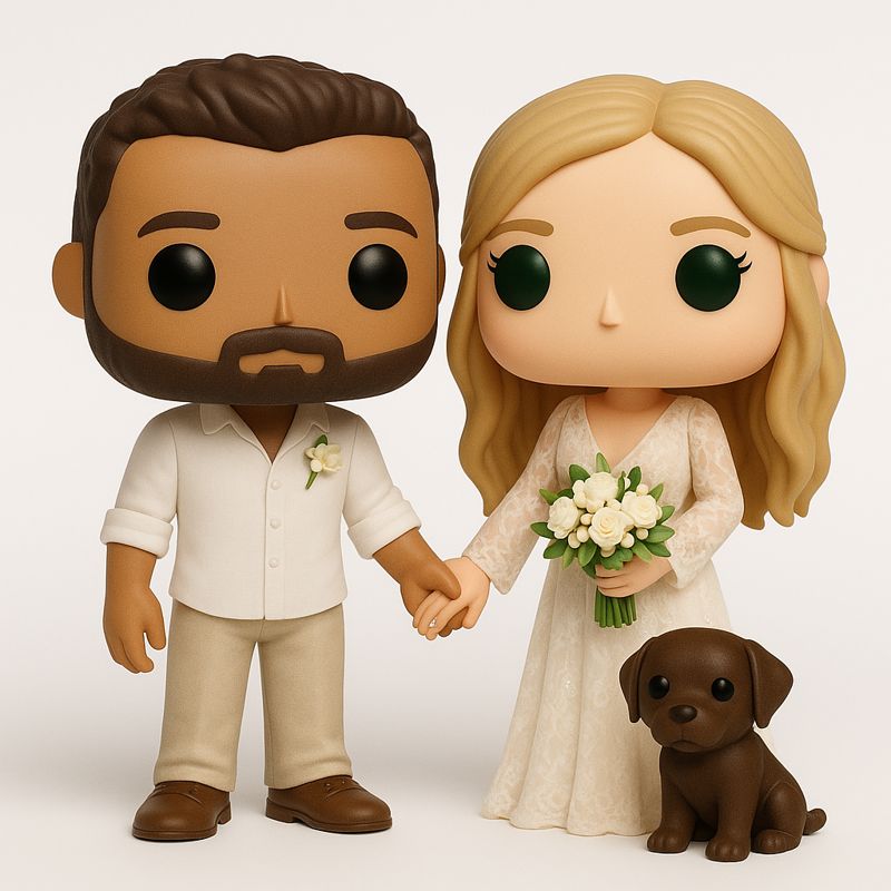 Couple in beach wedding outfits with their labrador